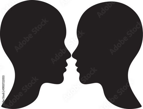 Two black silhouettes of heads facing each other closely