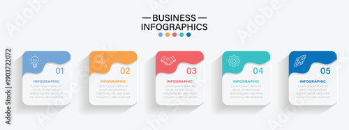 Five steps business info graphics template vector. Business info graphic process with square template design with icons and 5 options or steps. Vector illustration. 