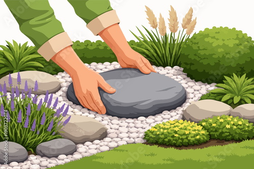 Hands creating a rock garden path, arranging stepping stones, landscaping design