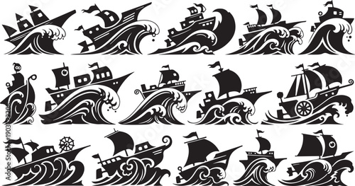 Vintage sailing ships on waves in black and white