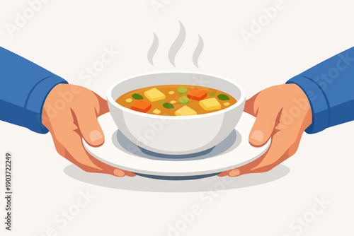 Hands offering hot vegetable soup, symbolizing charity, care, and food donation