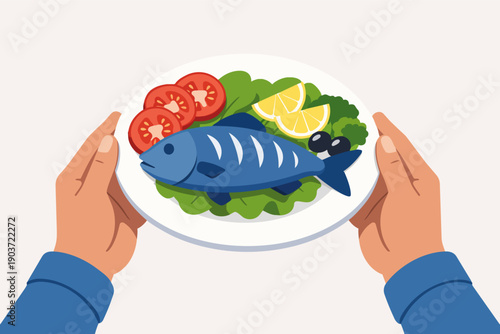 Hands holding fish dish with salad, promoting healthy dining and seafood nutrition