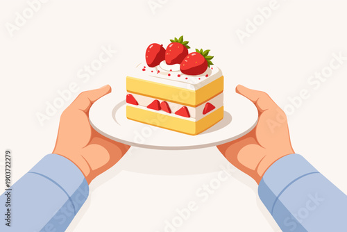Hands holding a strawberry shortcake slice on plate, offering sweet dessert