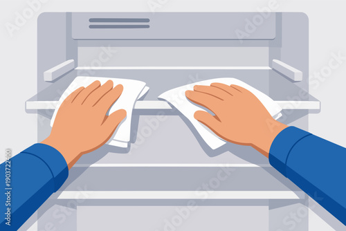 Hands cleaning refrigerator shelves, wiping down for hygiene and household sanitation