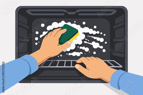 Hands scrubbing inside an oven with a sponge and cleaner, performing kitchen chores