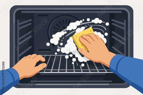 Hands scrubbing inside an oven with a sponge and soap suds