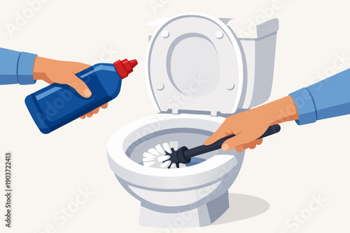 Hands cleaning toilet bowl with brush and detergent, maintaining hygiene