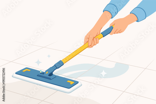 Hands holding a mop, cleaning the floor, bringing hygiene and freshness