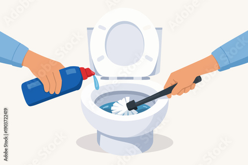 Cleaning toilet bowl with detergent and brush for hygiene and sanitation