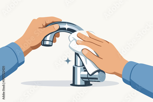 Hands cleaning shiny chrome faucet with cloth, maintaining hygiene and sanitation