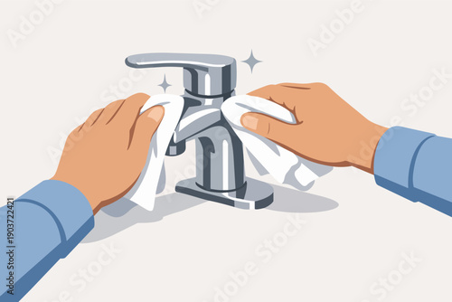 Hands cleaning shiny kitchen or bathroom faucet, maintaining home hygiene