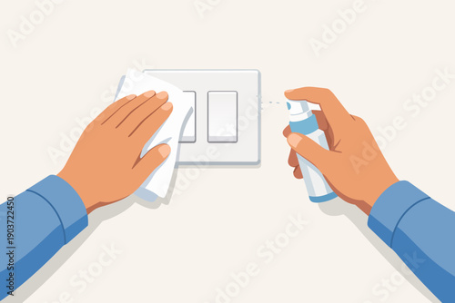 Hands sanitizing light switch using spray and wiping cloth for hygiene protection