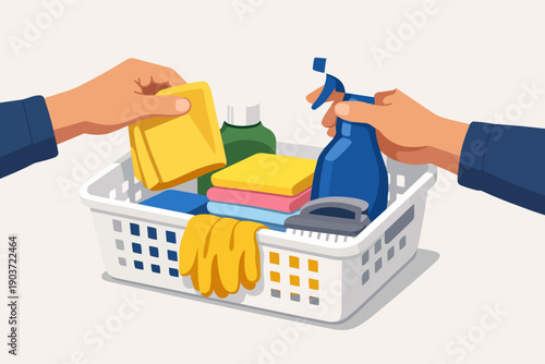 Hands organizing cleaning supplies in a basket for effective household chores