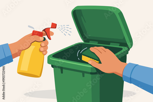 Hands cleaning a green garbage can with spray and sponge for hygiene