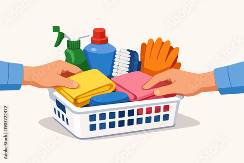 Hands placing fresh sponges and towels in a basket with cleaning supplies