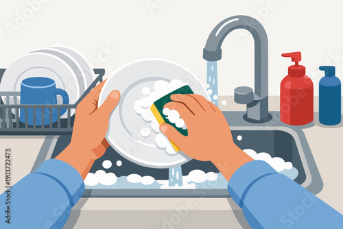 Hands washing dishes using a sponge and soap in kitchen sink, cleaning routine