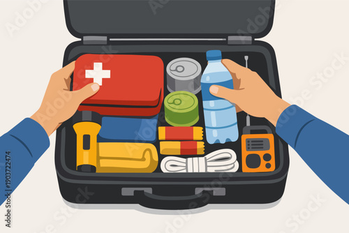 Hands packing essential supplies into a disaster preparedness emergency survival kit