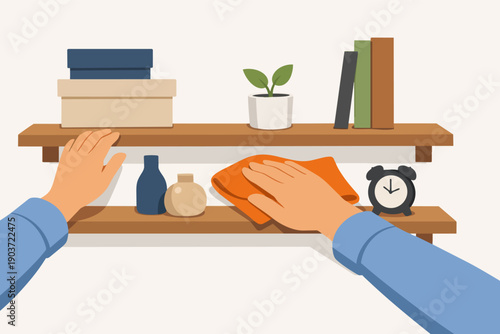 Person cleaning home shelving unit with duster, performing household chores and organization