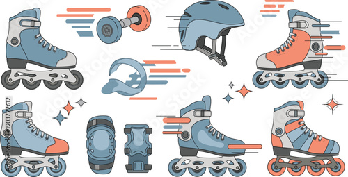 Dynamic Inline Skating Vector Set with Roller Skates, Helmet, Wheels, and Safety Gear Icons for Speed Sports, Fitness, and Motion Designs.