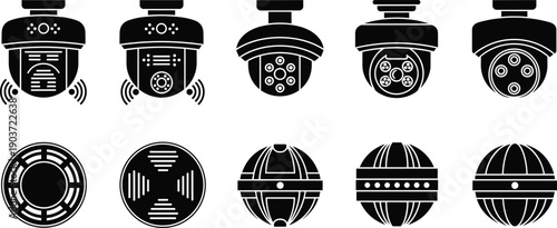 Black Security Camera and CCTV Icon Set Featuring Ceiling Mounted Dome Cameras Smoke Detectors and Home Surveillance Systems for Property Safety and Monitoring Design Projects