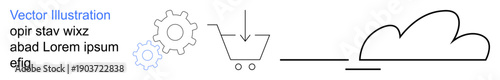 E-commerce, cloud storage, online operations, technology solutions, data management, digital business. Gear wheels, shopping cart with download arrow and cloud symbol. E-commerce and cloud storage