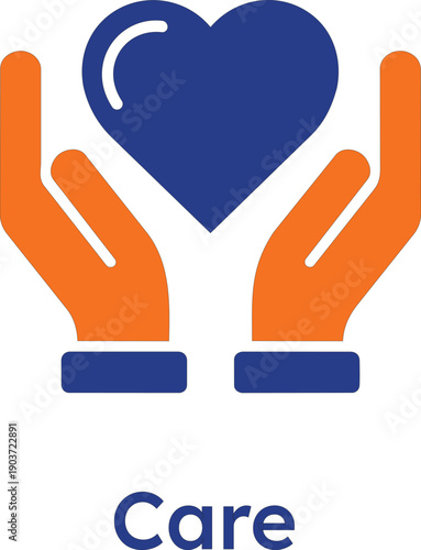 Professional vector icon of a blue heart being cradled by two orange hands, representing charitable care, emotional support, healthcare compassion, and social welfare services.