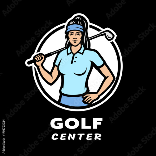 Golf center logo. Girl with a golf club on dark background.