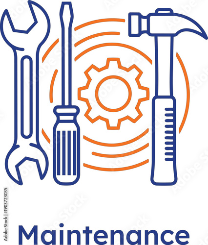 Professional vector icon featuring a wrench, screwdriver, and hammer surrounding a central gear in blue and orange, representing technical maintenance, repair services, and system hardware support.