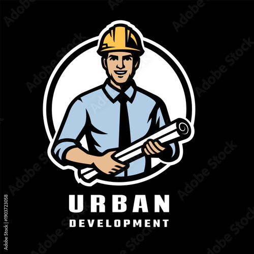 Urban construction logo. A man in a hard hat holding blueprints on dark background.