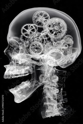 Human skull x-ray with intricate mechanical gears within