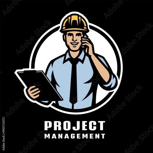 Project manager logo. A man in a hard hat talking on the phone on dark background.