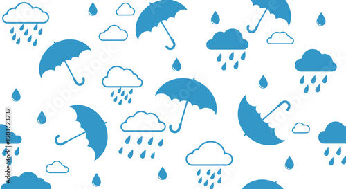 Rainy weather umbrella and cloud seamless pattern vector clipart in blue and white
