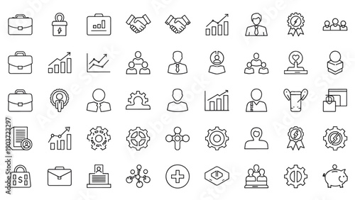 Comprehensive Set of Business Finance and Career Development Symbols Including Growth Charts Partnership Handshakes and Briefcase