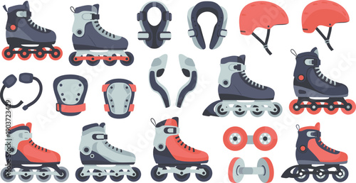 Inline Skating Equipment Vector Set with Roller Skates, Helmets, Pads, and Wheels for Sports Safety, Fitness, and Active Lifestyle Designs.