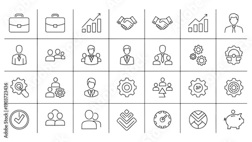 Comprehensive Collection of Business and Finance related Line Icons for Management Strategy and Corporate Success Development