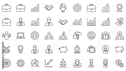 Diverse Collection of Business Finance Teamwork and Growth Outline Icons for Corporate Concepts