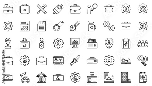 Large Assortment of Essential Business Technology and Workplace related Outline Icons for Professional Use