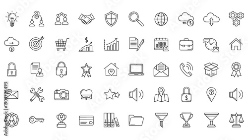 Modern Minimalist Line Icons Representing Diverse Business Finance and Technology Concepts for Professional Web Interfaces