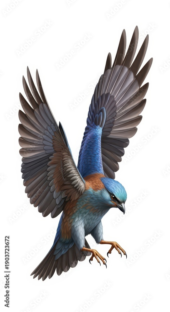 Obraz premium Detailed illustration depicts a vibrant blue and brown feathered bird descending with wings fully spread
