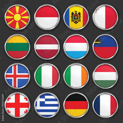 Circular World Flags with Metallic Borders, Premium Circular Flags with Chrome Metallic Edges