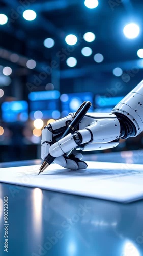 Robotic arm with pen signing document in modern office with bokeh lights