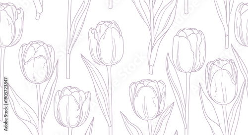 Seamless tulip flower pattern vector clipart in minimal line art style for spring backgrounds