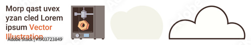 Technology, 3D printing, innovation, cloud connectivity, digital design, prototyping. A 3D printer alongside minimalist cloud imagery. Technology and 3D printing as central design concepts