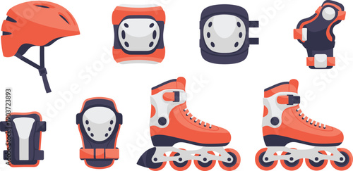 Inline Skating Safety Gear Vector Set with Helmet, Knee Pads, Wrist Guards, and Roller Skates for Sports, Fitness, and Protection Designs.