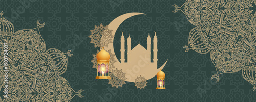 This Ramadan Mubarak poster features a 3D paper-cut design depicting an Islamic mosque, flowers, and a crescent moon. The rich green color creates an elegant and festive atmosphere.