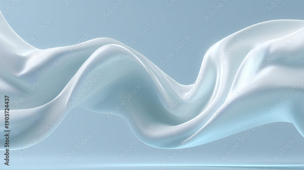 Fototapeta premium Abstract smooth waves of white fabric on soft blue background symbolizing freshness, softness, and premium laundry cleanliness.