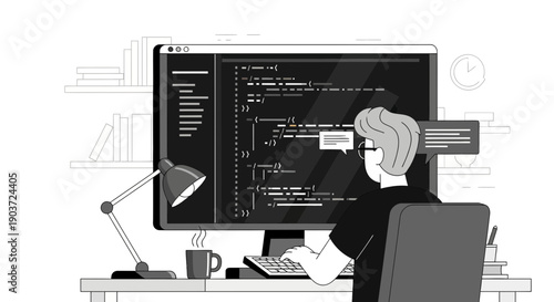 Programmer working on computer coding and developing software.
