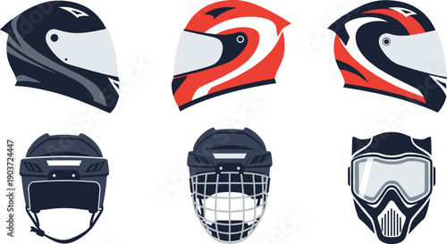 Modern Sports Helmet Vector Set with Motorcycle and Protective Headgear Icons for Racing, Safety Equipment, Transport, and Athletic Graphic Designs.