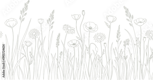 Wildflower meadow border vector clipart, hand drawn floral outline, botanical illustration
