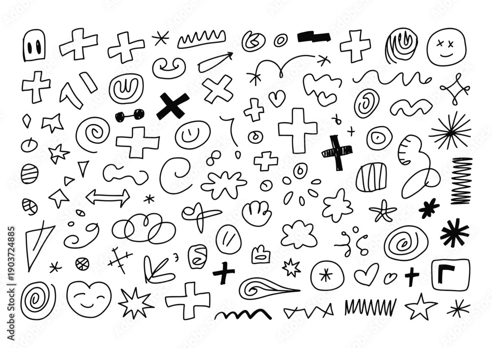 Naklejka premium Vector illustration of numerous random hand-drawn doodles scattered across white background